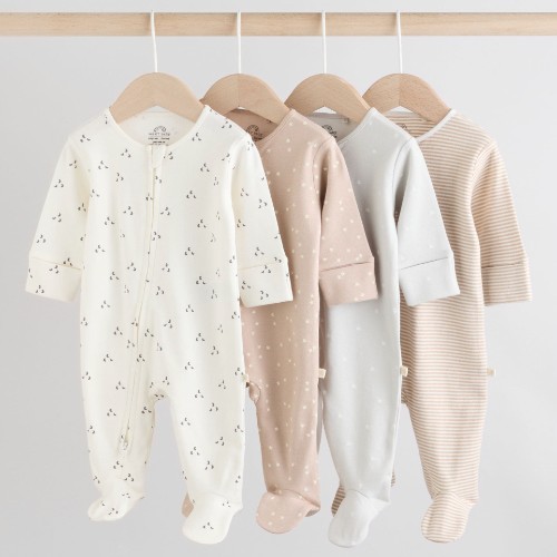 NEXT - Cream 4 Pack Two Way Zip Baby Sleepsuits - 3 - 6 months